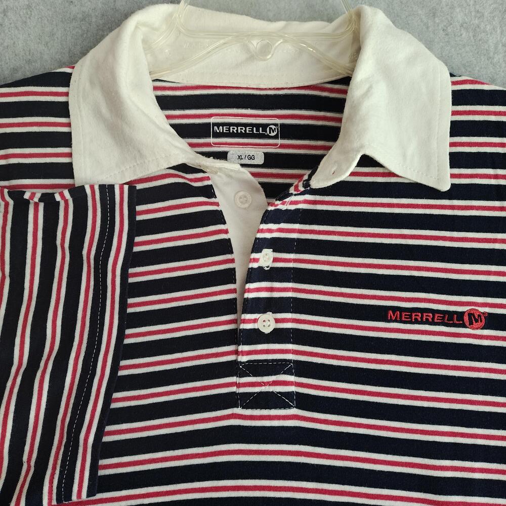 Merrell Polo Shirt Mens XL Blue Red White Striped Contrast Collar Casual